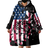 Personalized Dirt Bike Racing Wearable Blanket Hoodie Shattered American Flag and Race Checkered Patch Graphic in Red White and Blue - Wonder Print Shop
