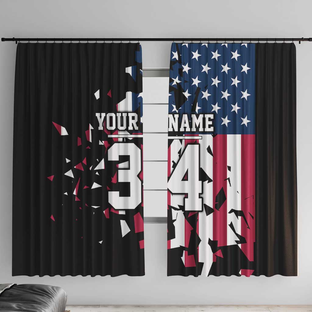 Personalized Dirt Bike Racing Window Curtain Shattered American Flag and Race Checkered Patch Graphic in Red White and Blue - Wonder Print Shop