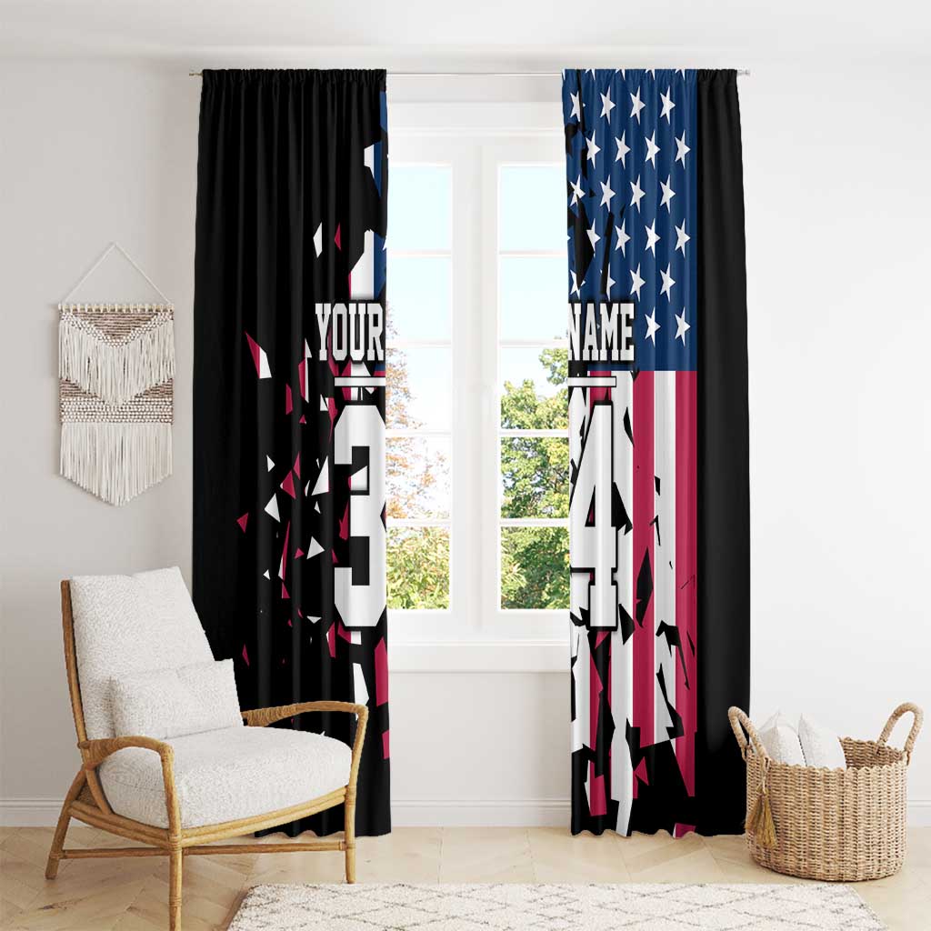 Personalized Dirt Bike Racing Window Curtain Shattered American Flag and Race Checkered Patch Graphic in Red White and Blue - Wonder Print Shop
