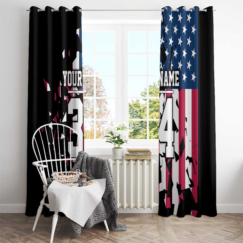 Personalized Dirt Bike Racing Window Curtain Shattered American Flag and Race Checkered Patch Graphic in Red White and Blue - Wonder Print Shop