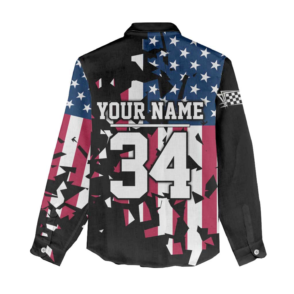 Personalized Dirt Bike Racing Women Casual Shirt Shattered American Flag and Race Checkered Patch Graphic in Red White and Blue - Wonder Print Shop