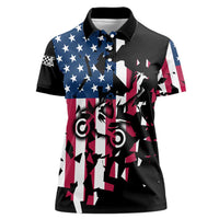 Personalized Dirt Bike Racing Women Polo Shirt Shattered American Flag and Race Checkered Patch Graphic in Red White and Blue - Wonder Print Shop