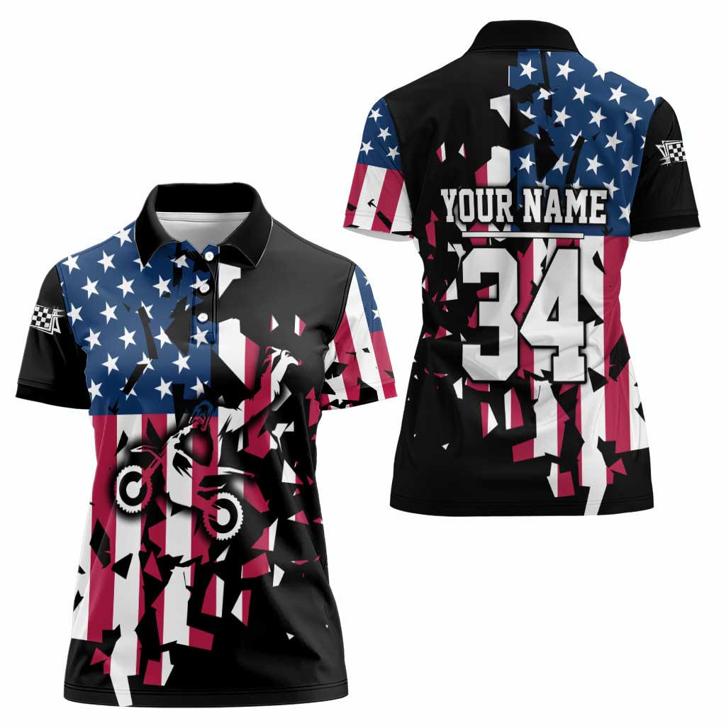 Personalized Dirt Bike Racing Women Polo Shirt Shattered American Flag and Race Checkered Patch Graphic in Red White and Blue - Wonder Print Shop