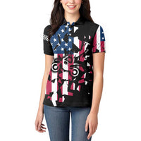 Personalized Dirt Bike Racing Women Polo Shirt Shattered American Flag and Race Checkered Patch Graphic in Red White and Blue - Wonder Print Shop