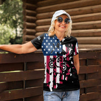 Personalized Dirt Bike Racing Women Polo Shirt Shattered American Flag and Race Checkered Patch Graphic in Red White and Blue - Wonder Print Shop