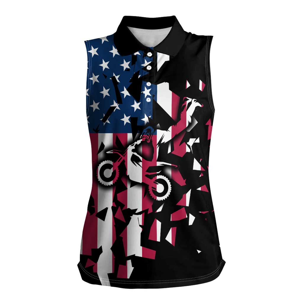 Personalized Dirt Bike Racing Women Sleeveless Polo Shirt Shattered American Flag and Race Checkered Patch Graphic in Red White and Blue - Wonder Print Shop