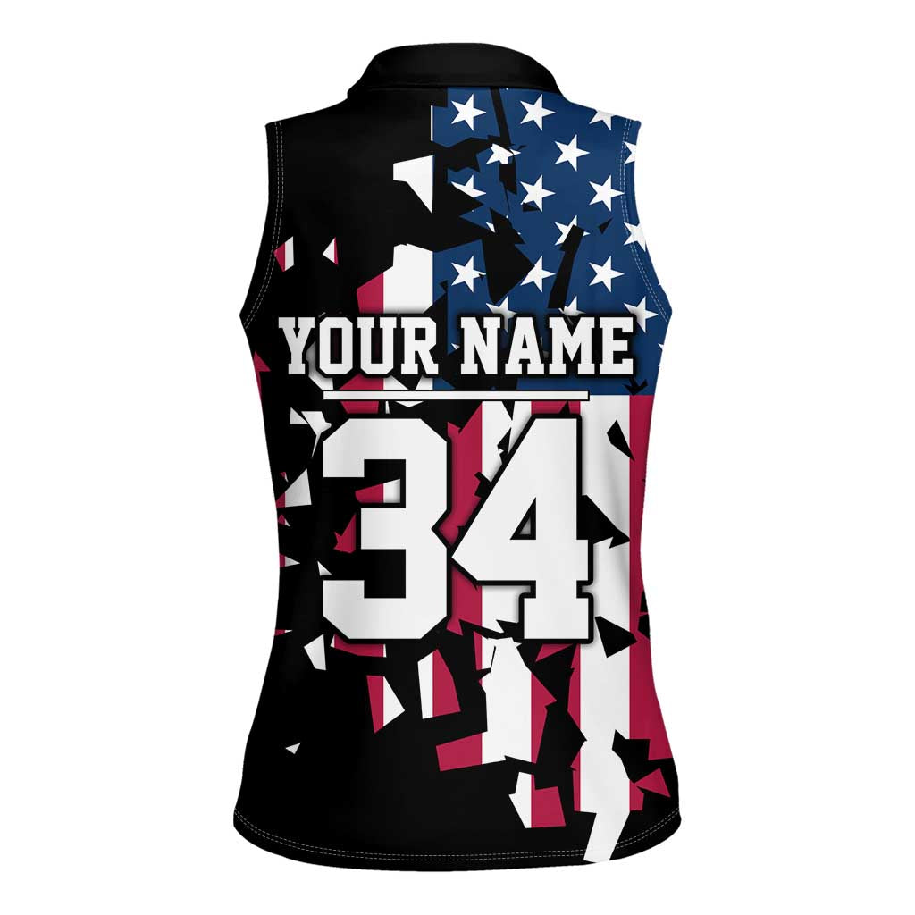 Personalized Dirt Bike Racing Women Sleeveless Polo Shirt Shattered American Flag and Race Checkered Patch Graphic in Red White and Blue - Wonder Print Shop