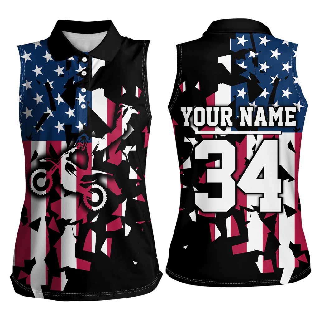 Personalized Dirt Bike Racing Women Sleeveless Polo Shirt Shattered American Flag and Race Checkered Patch Graphic in Red White and Blue - Wonder Print Shop