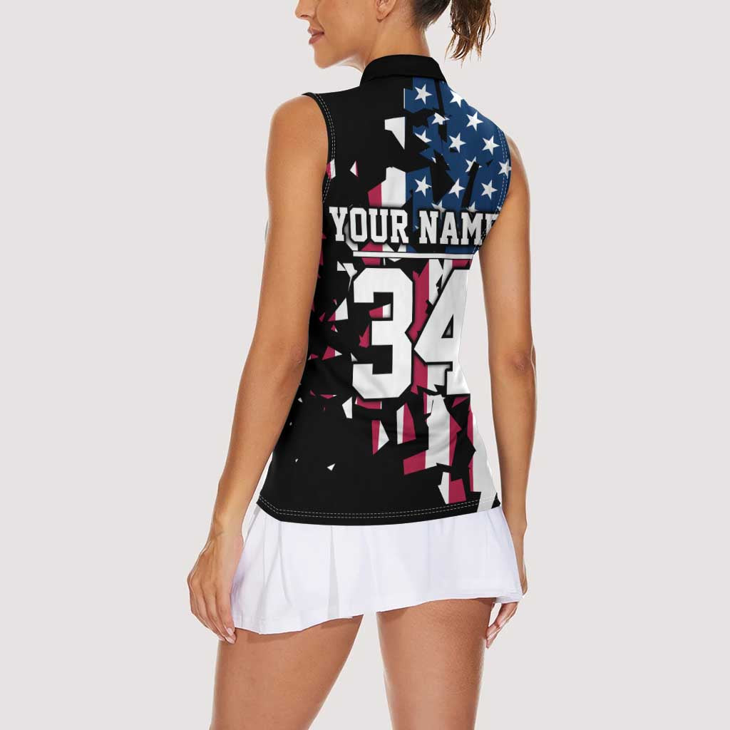 Personalized Dirt Bike Racing Women Sleeveless Polo Shirt Shattered American Flag and Race Checkered Patch Graphic in Red White and Blue - Wonder Print Shop