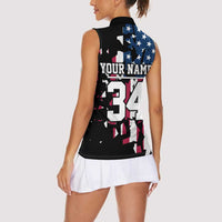 Personalized Dirt Bike Racing Women Sleeveless Polo Shirt Shattered American Flag and Race Checkered Patch Graphic in Red White and Blue - Wonder Print Shop