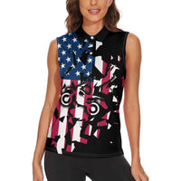 Personalized Dirt Bike Racing Women Sleeveless Polo Shirt Shattered American Flag and Race Checkered Patch Graphic in Red White and Blue - Wonder Print Shop