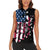 Personalized Dirt Bike Racing Women Sleeveless Polo Shirt Shattered American Flag and Race Checkered Patch Graphic in Red White and Blue - Wonder Print Shop