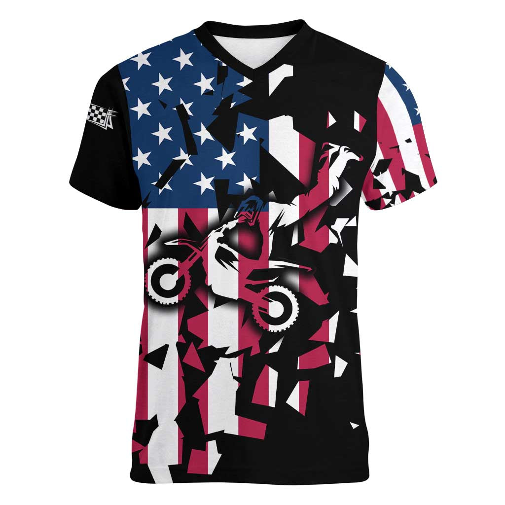 Personalized Dirt Bike Racing Women V-Neck T-Shirt Shattered American Flag and Race Checkered Patch Graphic in Red White and Blue - Wonder Print Shop