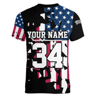 Personalized Dirt Bike Racing Women V-Neck T-Shirt Shattered American Flag and Race Checkered Patch Graphic in Red White and Blue - Wonder Print Shop