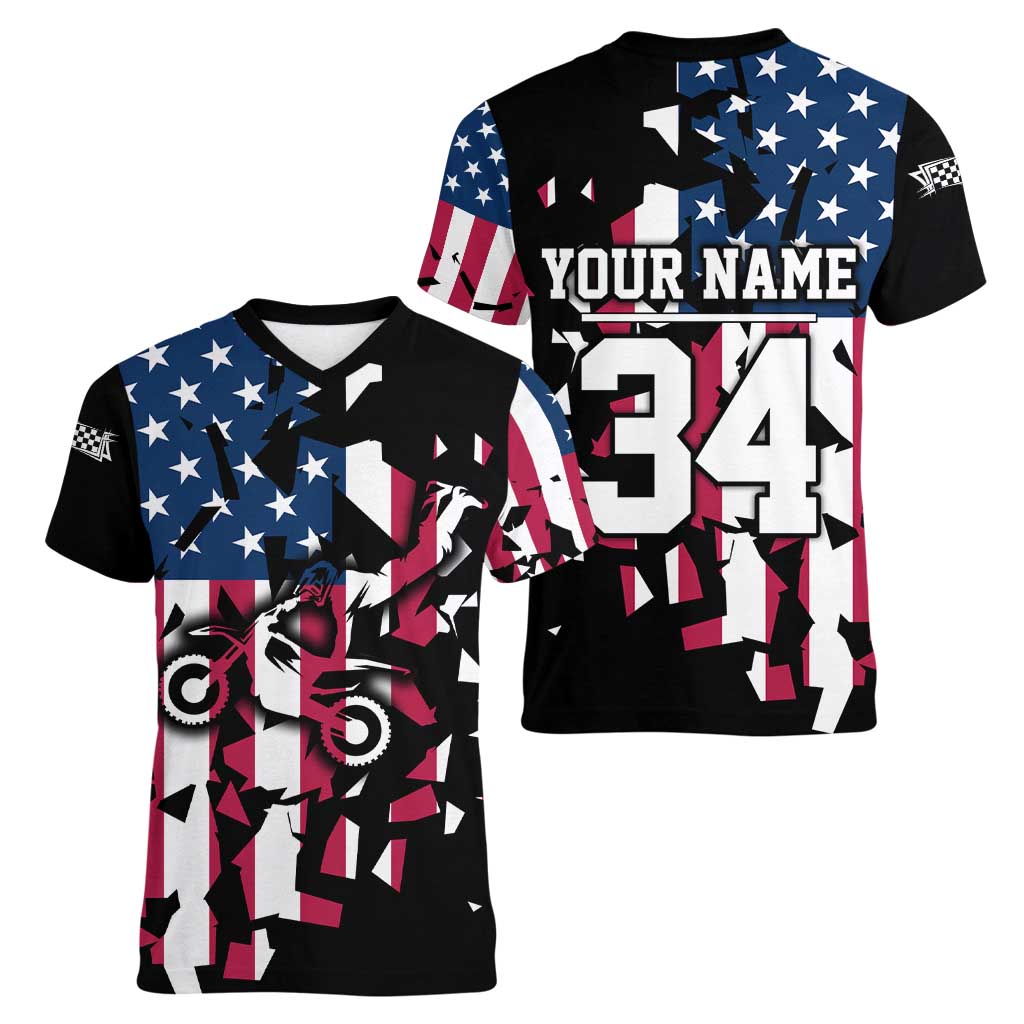 Personalized Dirt Bike Racing Women V-Neck T-Shirt Shattered American Flag and Race Checkered Patch Graphic in Red White and Blue - Wonder Print Shop