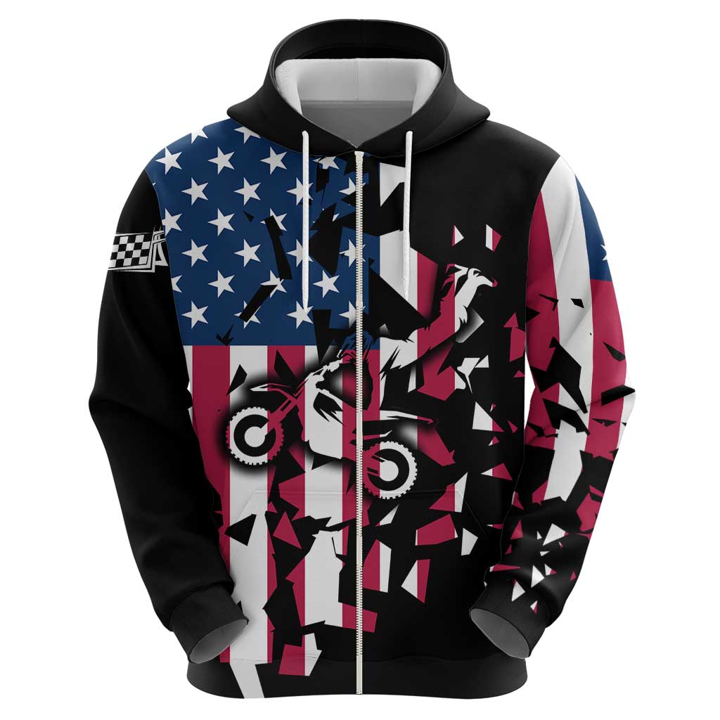 Personalized Dirt Bike Racing Zip Hoodie Shattered American Flag and Race Checkered Patch Graphic in Red White and Blue - Wonder Print Shop