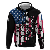 Personalized Dirt Bike Racing Zip Hoodie Shattered American Flag and Race Checkered Patch Graphic in Red White and Blue - Wonder Print Shop