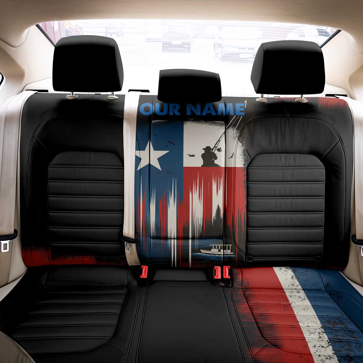 Texas Flag Fishing Back Car Seat Cover with Silhouette Fisherman and Rustic Lake Scene in Red White Blue - Wonder Print Shop