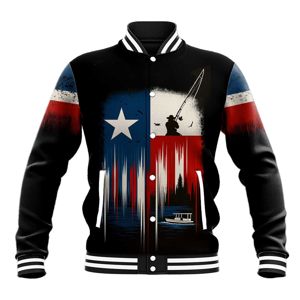 Texas Flag Fishing Baseball Jacket with Silhouette Fisherman and Rustic Lake Scene in Red White Blue - Wonder Print Shop