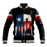 Texas Flag Fishing Baseball Jacket with Silhouette Fisherman and Rustic Lake Scene in Red White Blue - Wonder Print Shop