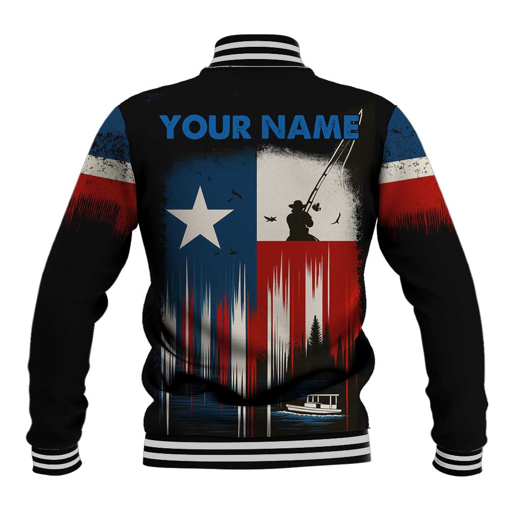 Texas Flag Fishing Baseball Jacket with Silhouette Fisherman and Rustic Lake Scene in Red White Blue - Wonder Print Shop