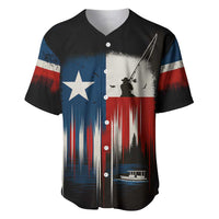 Texas Flag Fishing Baseball Jersey with Silhouette Fisherman and Rustic Lake Scene in Red White Blue - Wonder Print Shop