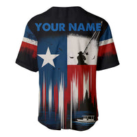 Texas Flag Fishing Baseball Jersey with Silhouette Fisherman and Rustic Lake Scene in Red White Blue - Wonder Print Shop