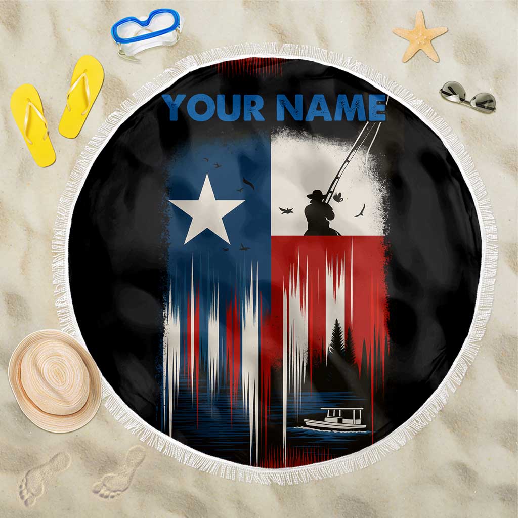 Texas Flag Fishing Beach Blanket with Silhouette Fisherman and Rustic Lake Scene in Red White Blue - Wonder Print Shop