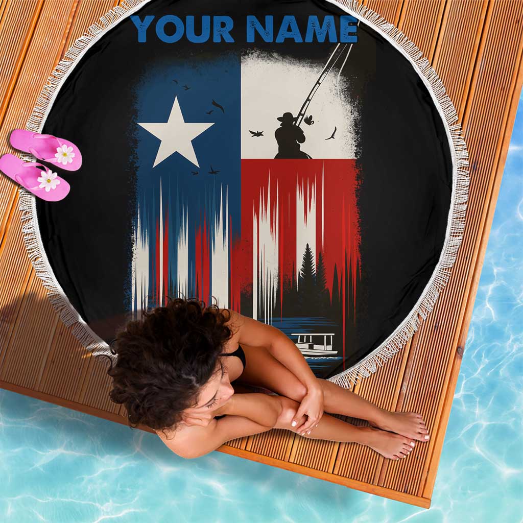 Texas Flag Fishing Beach Blanket with Silhouette Fisherman and Rustic Lake Scene in Red White Blue - Wonder Print Shop