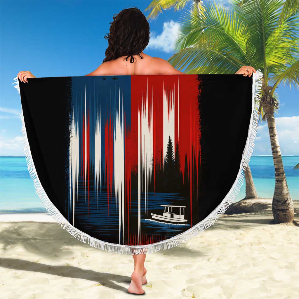 Texas Flag Fishing Beach Blanket with Silhouette Fisherman and Rustic Lake Scene in Red White Blue - Wonder Print Shop