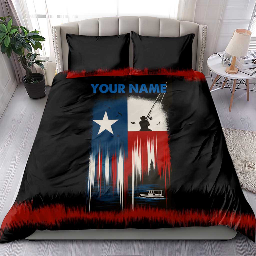 Texas Flag Fishing Bedding Set with Silhouette Fisherman and Rustic Lake Scene in Red White Blue - Wonder Print Shop
