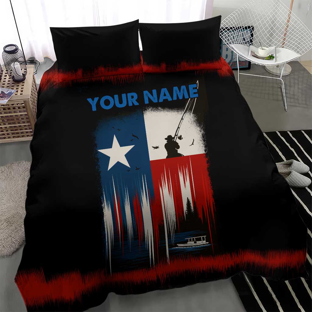Texas Flag Fishing Bedding Set with Silhouette Fisherman and Rustic Lake Scene in Red White Blue - Wonder Print Shop