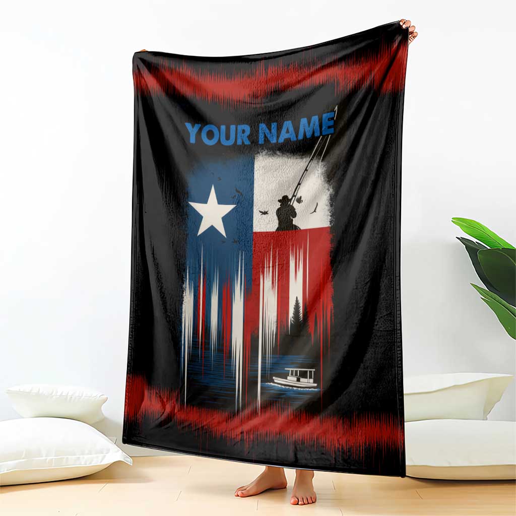 Texas Flag Fishing Blanket with Silhouette Fisherman and Rustic Lake Scene in Red White Blue - Wonder Print Shop