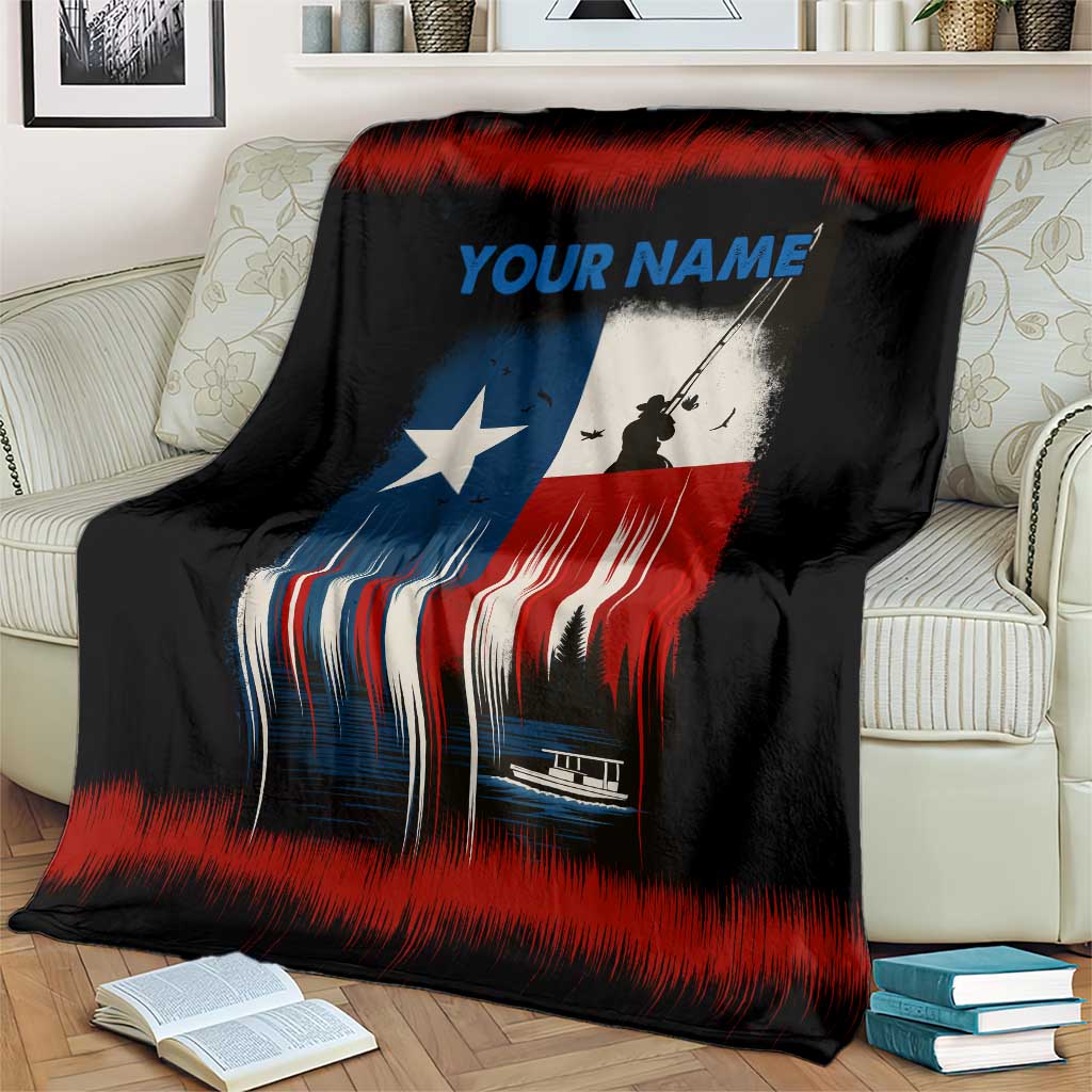 Texas Flag Fishing Blanket with Silhouette Fisherman and Rustic Lake Scene in Red White Blue - Wonder Print Shop