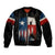 Texas Flag Fishing Bomber Jacket with Silhouette Fisherman and Rustic Lake Scene in Red White Blue - Wonder Print Shop