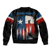 Texas Flag Fishing Bomber Jacket with Silhouette Fisherman and Rustic Lake Scene in Red White Blue - Wonder Print Shop