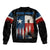 Texas Flag Fishing Bomber Jacket with Silhouette Fisherman and Rustic Lake Scene in Red White Blue - Wonder Print Shop