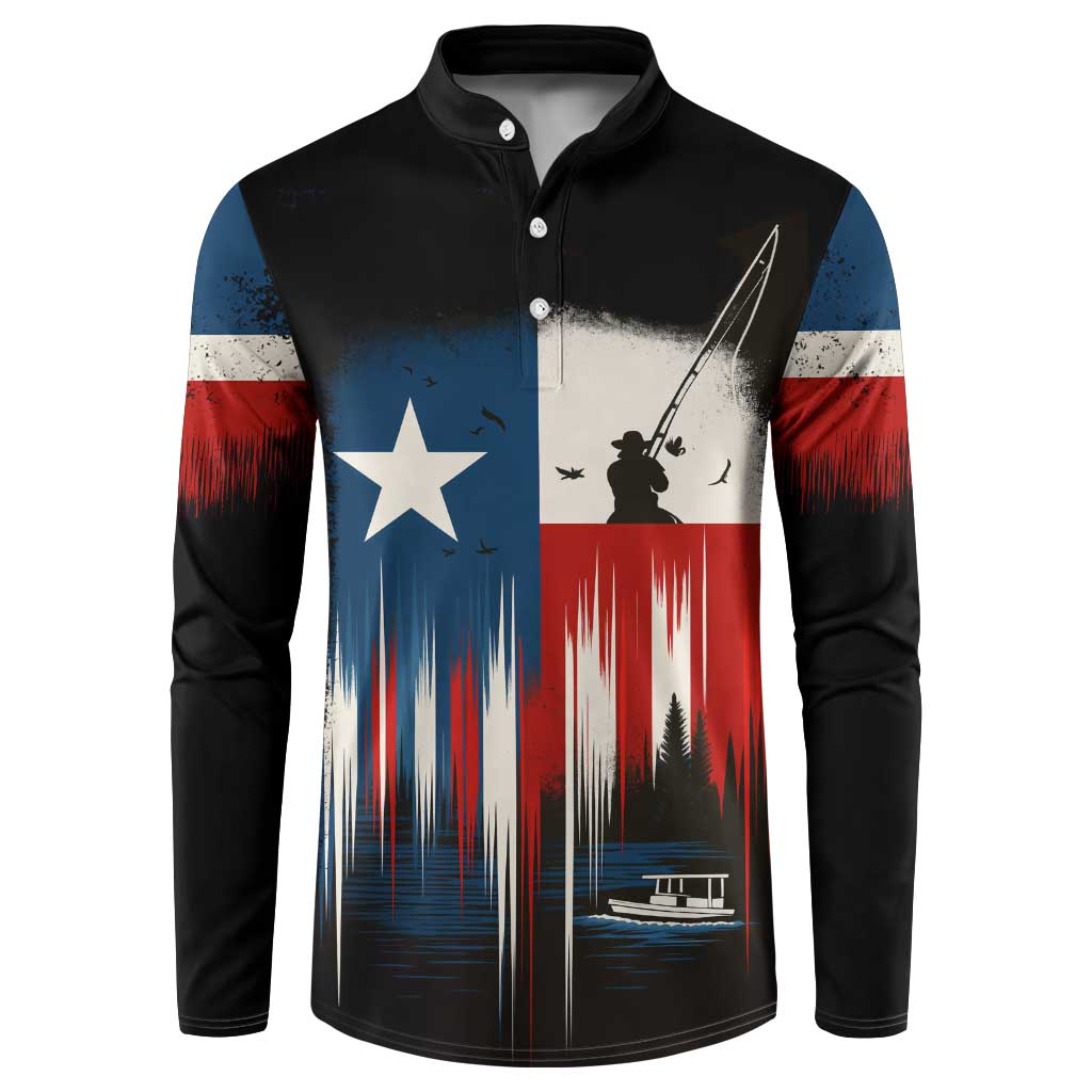 Texas Flag Fishing Button Sweatshirt with Silhouette Fisherman and Rustic Lake Scene in Red White Blue - Wonder Print Shop