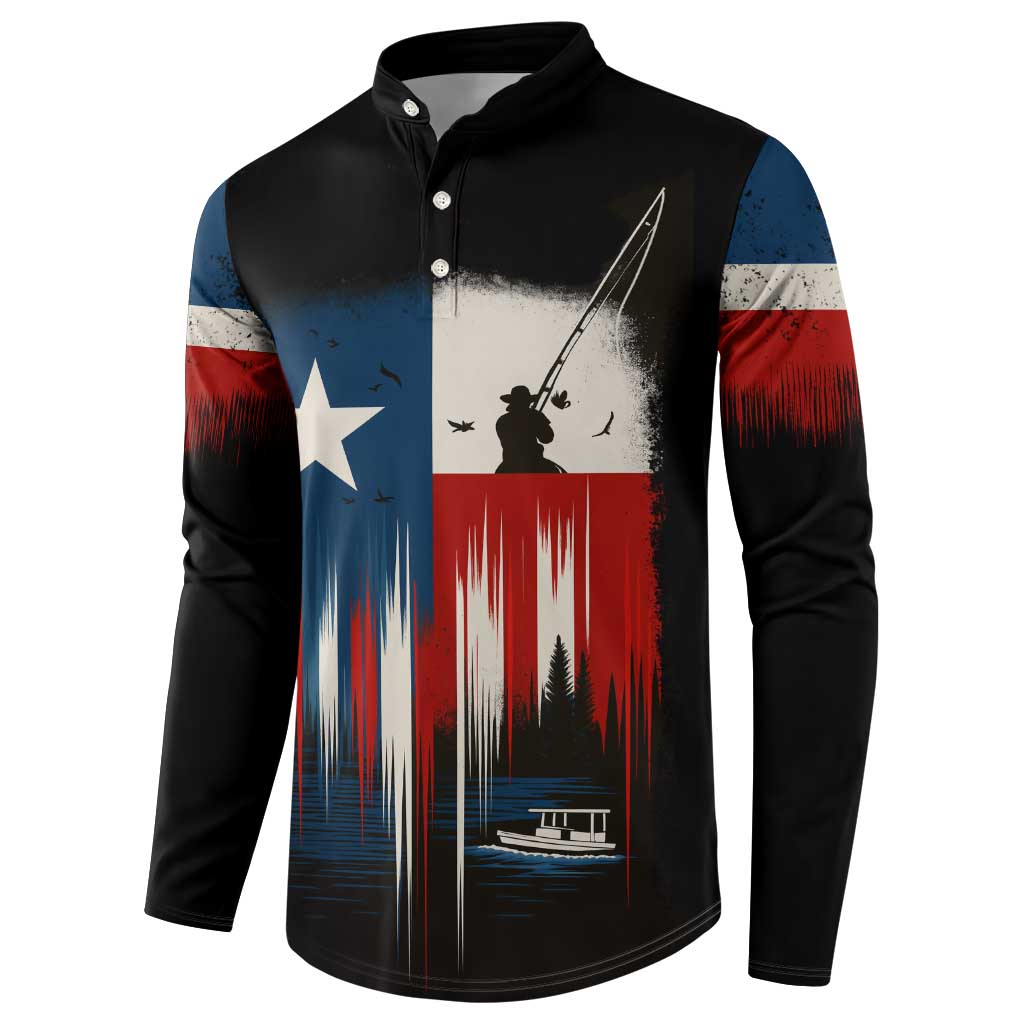 Texas Flag Fishing Button Sweatshirt with Silhouette Fisherman and Rustic Lake Scene in Red White Blue - Wonder Print Shop