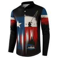 Texas Flag Fishing Button Sweatshirt with Silhouette Fisherman and Rustic Lake Scene in Red White Blue - Wonder Print Shop