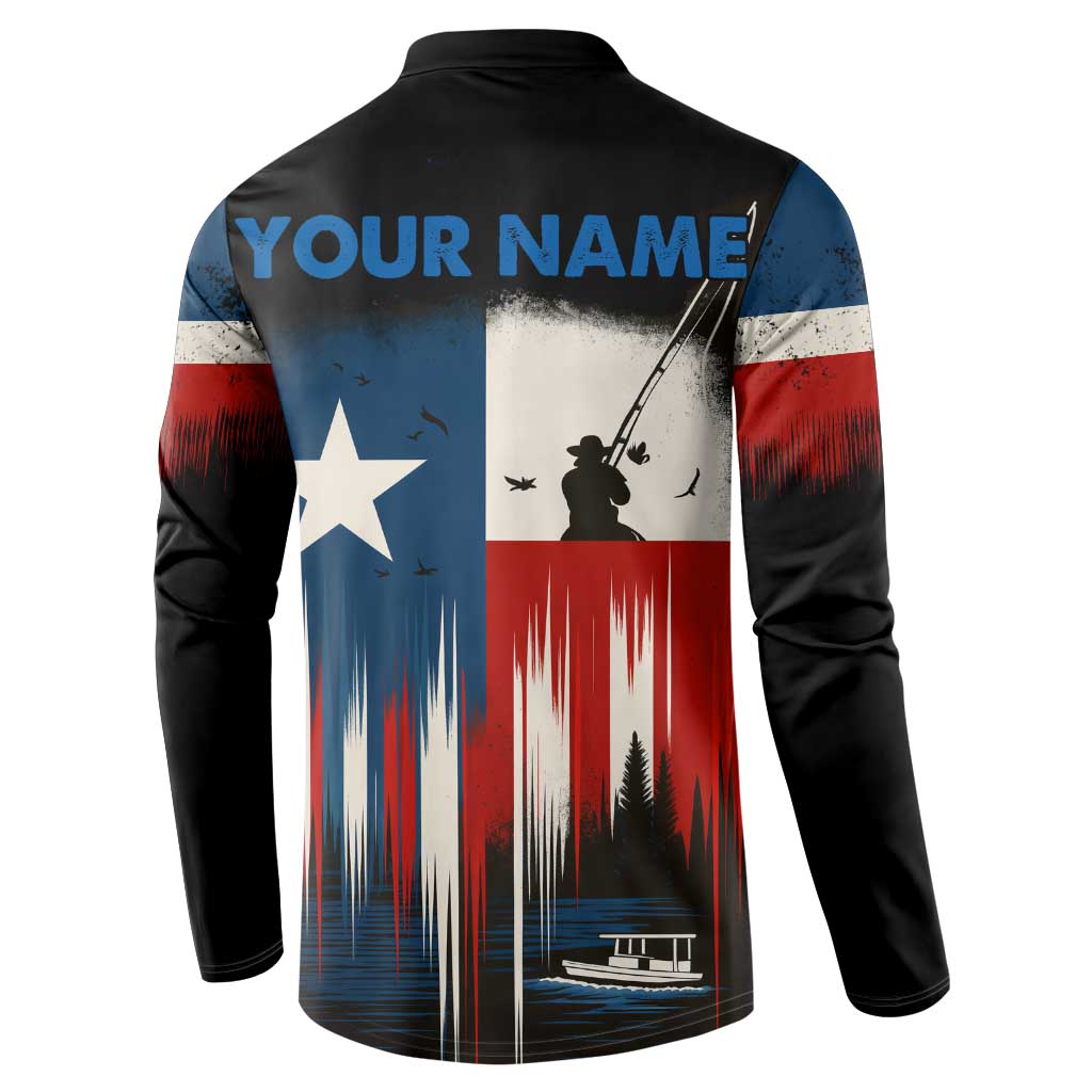 Texas Flag Fishing Button Sweatshirt with Silhouette Fisherman and Rustic Lake Scene in Red White Blue - Wonder Print Shop
