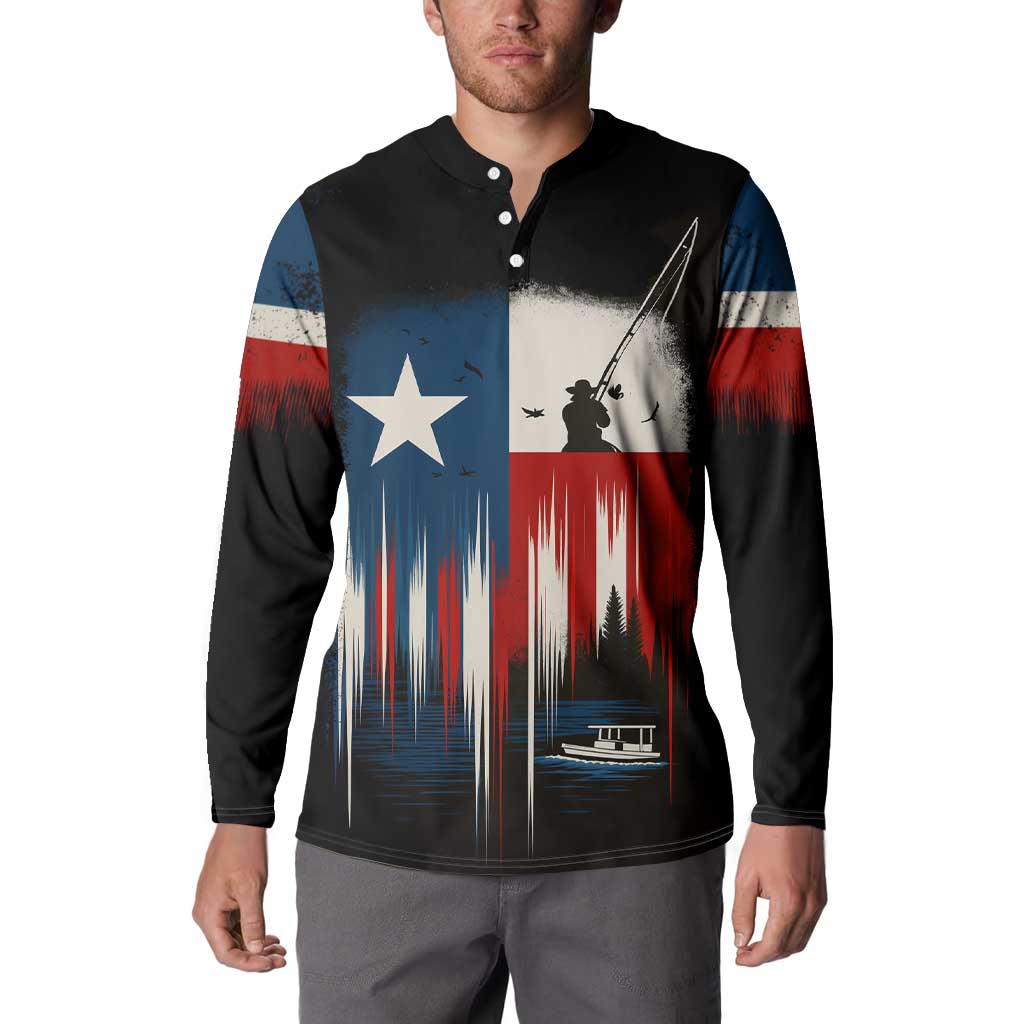 Texas Flag Fishing Button Sweatshirt with Silhouette Fisherman and Rustic Lake Scene in Red White Blue - Wonder Print Shop