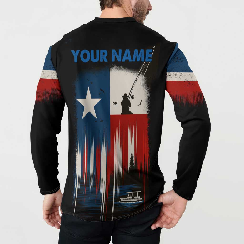 Texas Flag Fishing Button Sweatshirt with Silhouette Fisherman and Rustic Lake Scene in Red White Blue - Wonder Print Shop