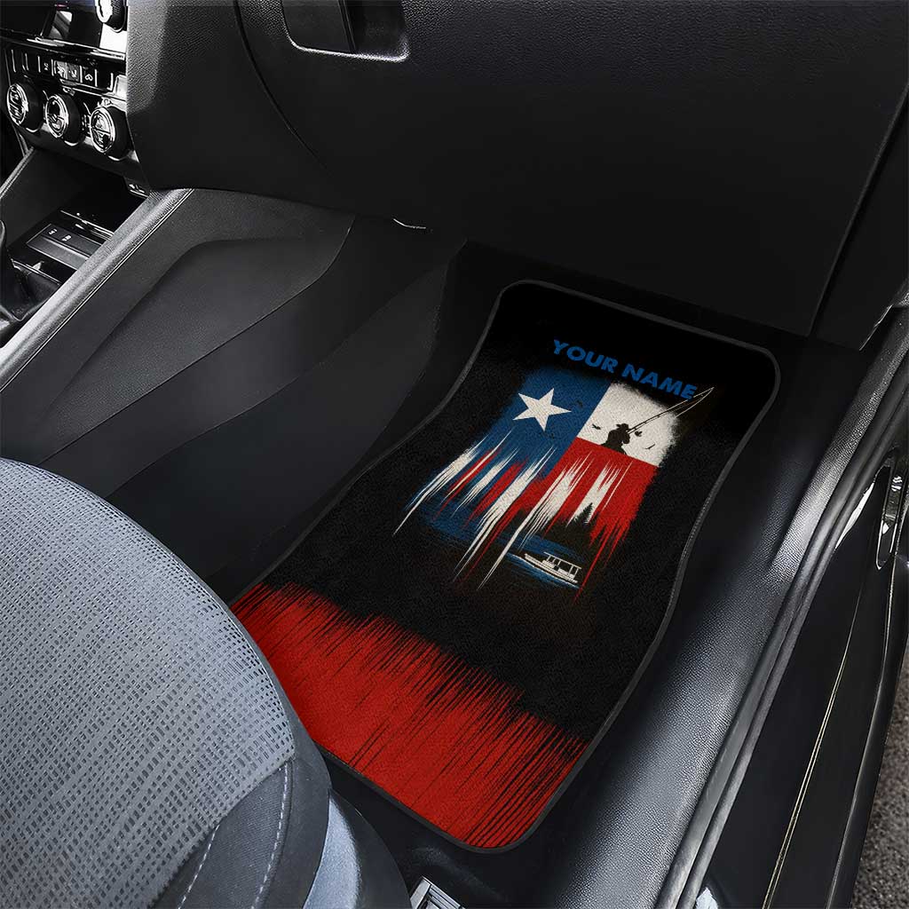 Texas Flag Fishing Car Mats with Silhouette Fisherman and Rustic Lake Scene in Red White Blue - Wonder Print Shop