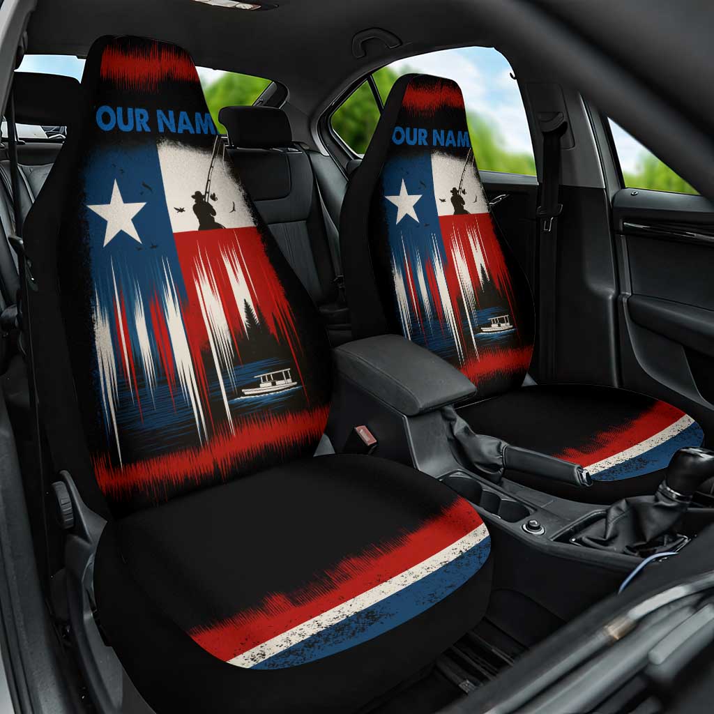 Texas Flag Fishing Car Seat Cover with Silhouette Fisherman and Rustic Lake Scene in Red White Blue - Wonder Print Shop