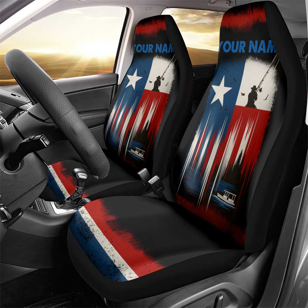 Texas Flag Fishing Car Seat Cover with Silhouette Fisherman and Rustic Lake Scene in Red White Blue - Wonder Print Shop