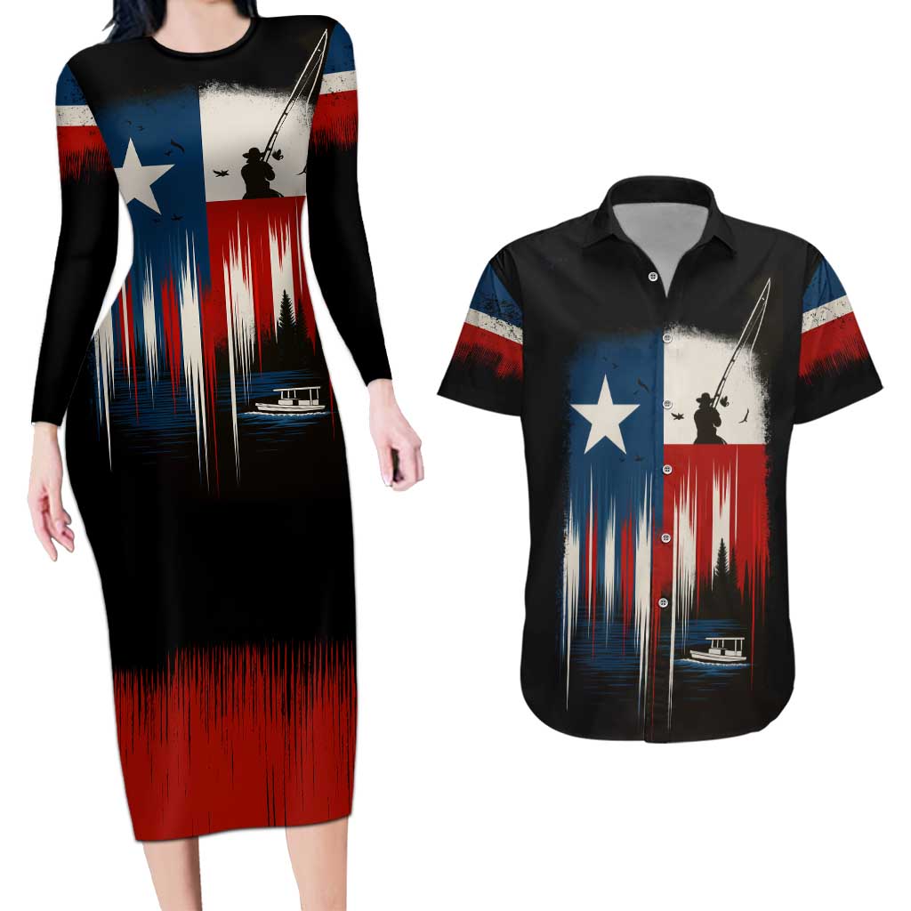 Texas Flag Fishing Couples Matching Long Sleeve Bodycon Dress and Hawaiian Shirt with Silhouette Fisherman and Rustic Lake Scene in Red White Blue - Wonder Print Shop