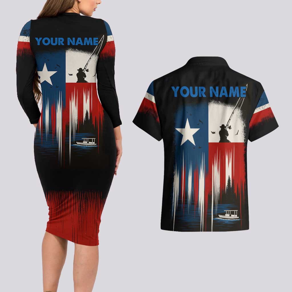 Texas Flag Fishing Couples Matching Long Sleeve Bodycon Dress and Hawaiian Shirt with Silhouette Fisherman and Rustic Lake Scene in Red White Blue - Wonder Print Shop