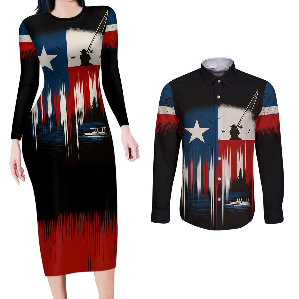 Texas Flag Fishing Couples Matching Long Sleeve Bodycon Dress and Long Sleeve Button Shirt with Silhouette Fisherman and Rustic Lake Scene in Red White Blue - Wonder Print Shop