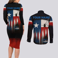 Texas Flag Fishing Couples Matching Long Sleeve Bodycon Dress and Long Sleeve Button Shirt with Silhouette Fisherman and Rustic Lake Scene in Red White Blue - Wonder Print Shop